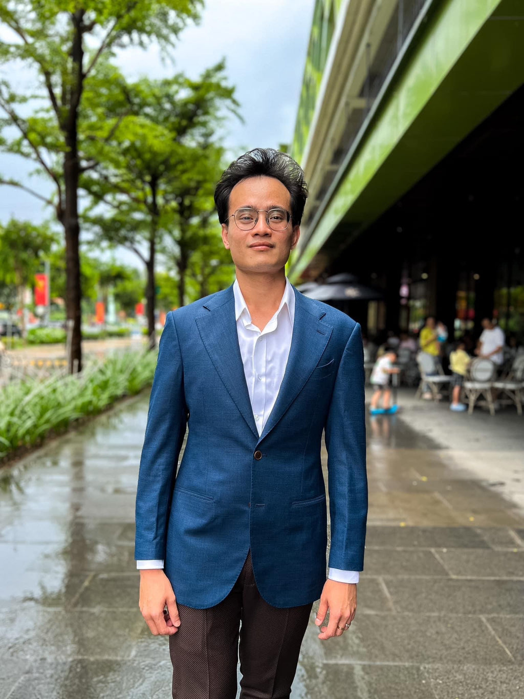 Blue Blazer + Brown Bird-eye Trousers