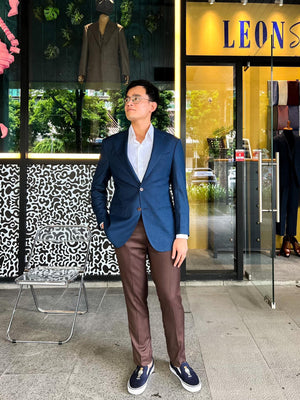 Blue Blazer + Brown Bird-eye Trousers