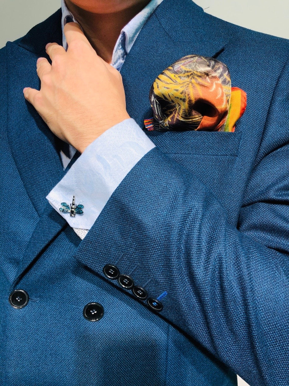 Navy Honeycomb Texture Double-breasted Blazer