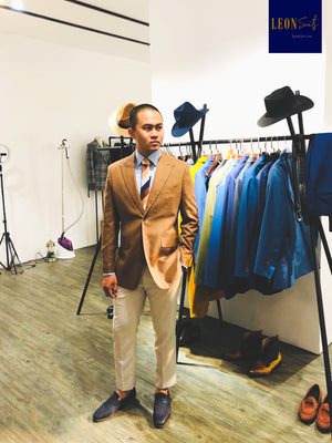 Brown Suit Jacket with White Beige Trousers
