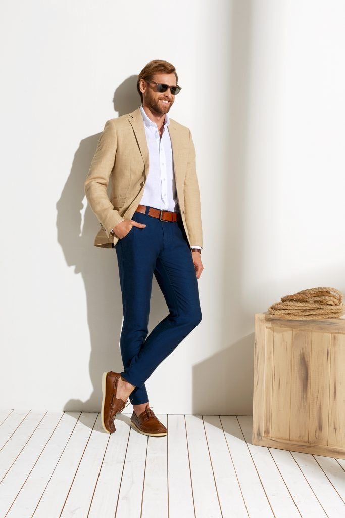 Custom Made Beige Suit Jacket + Navy Trousers