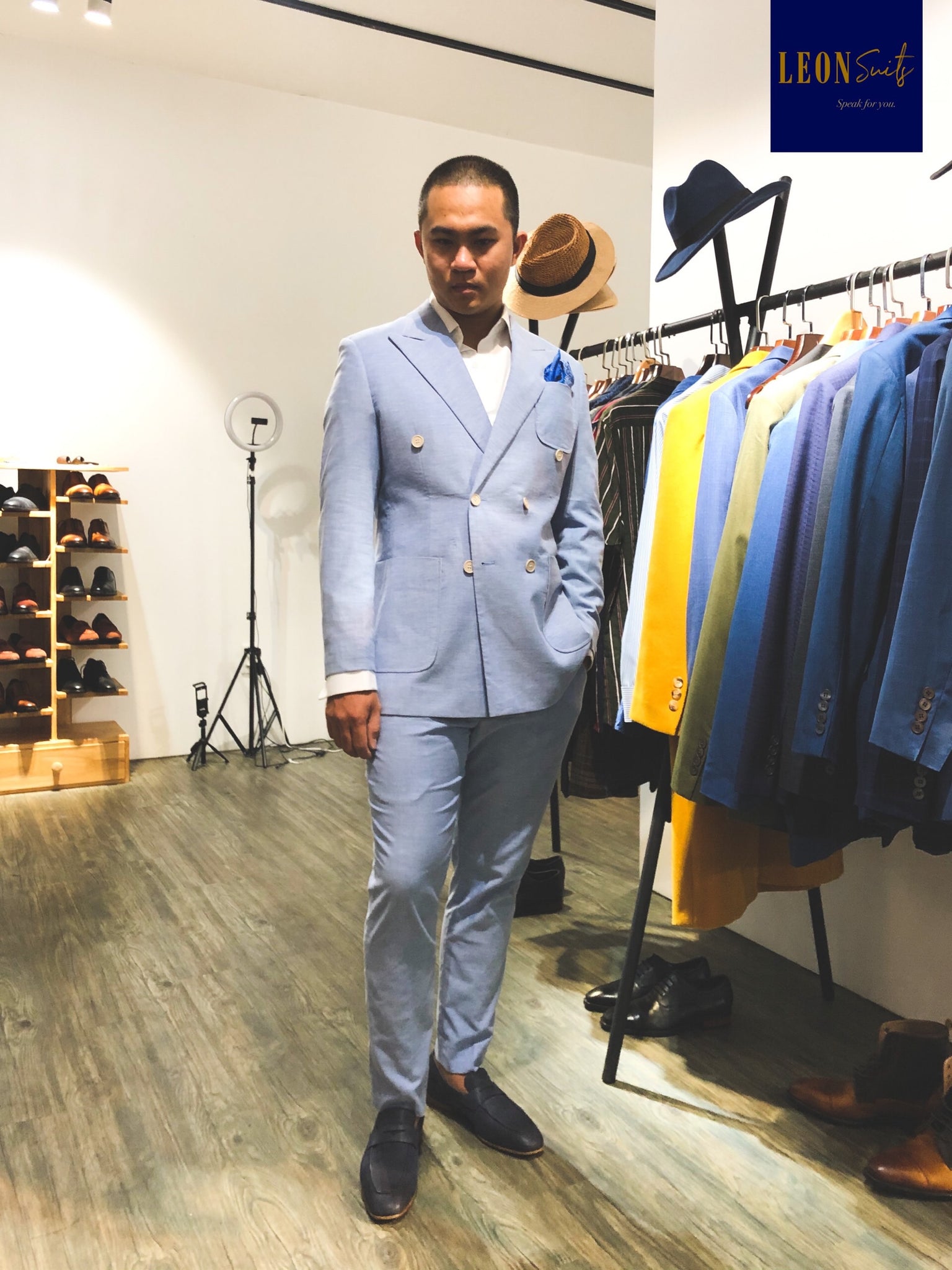 Light Blue Linen Cotton Half-Lining Double-breasted Suit