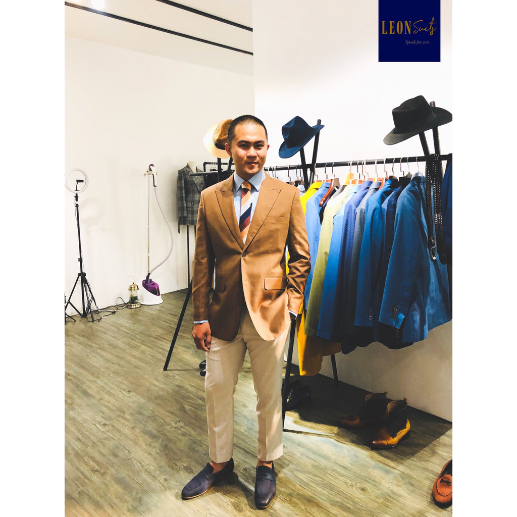 Brown Suit Jacket with White Beige Trousers