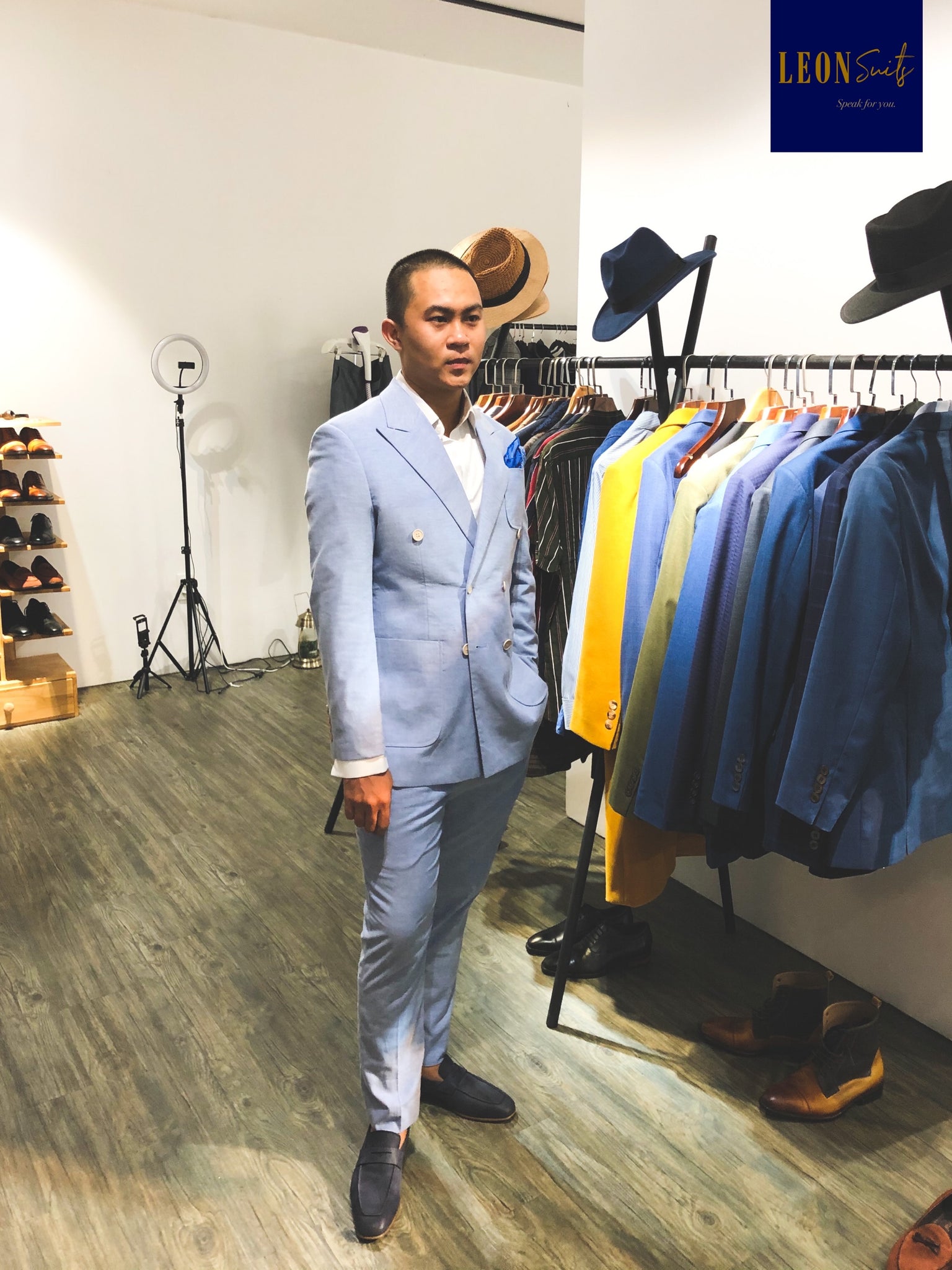 Light Blue Linen Cotton Half-Lining Double-breasted Suit