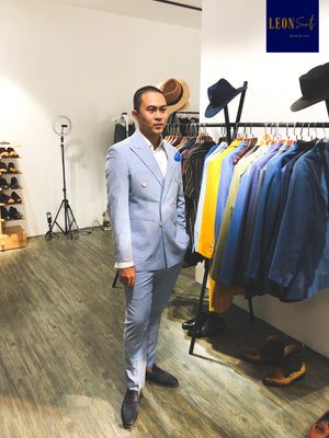 Light Blue Linen Cotton Half-Lining Double-breasted Suit