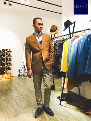 Brown Suit Jacket with Yellow Beige Trousers