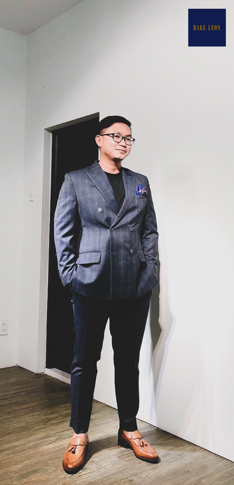 Rake Leon PREMIUM Oil/Water Repellent Navy Plaid/Windowpane Double-breasted Suit