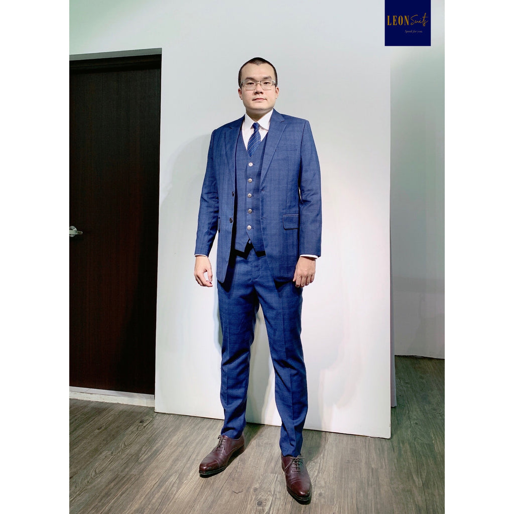 RAKE LEON Prince of Wales Patterned Blue Three Piece Suit