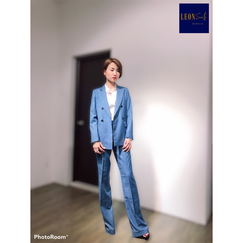 Blue Prince of Wales Double-breasted Suit with Large Straight Trousers