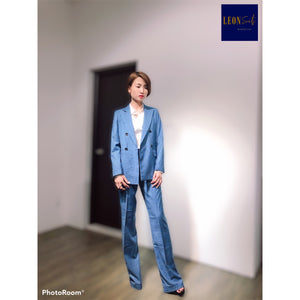 Blue Prince of Wales Double-breasted Suit with Large Straight Trousers