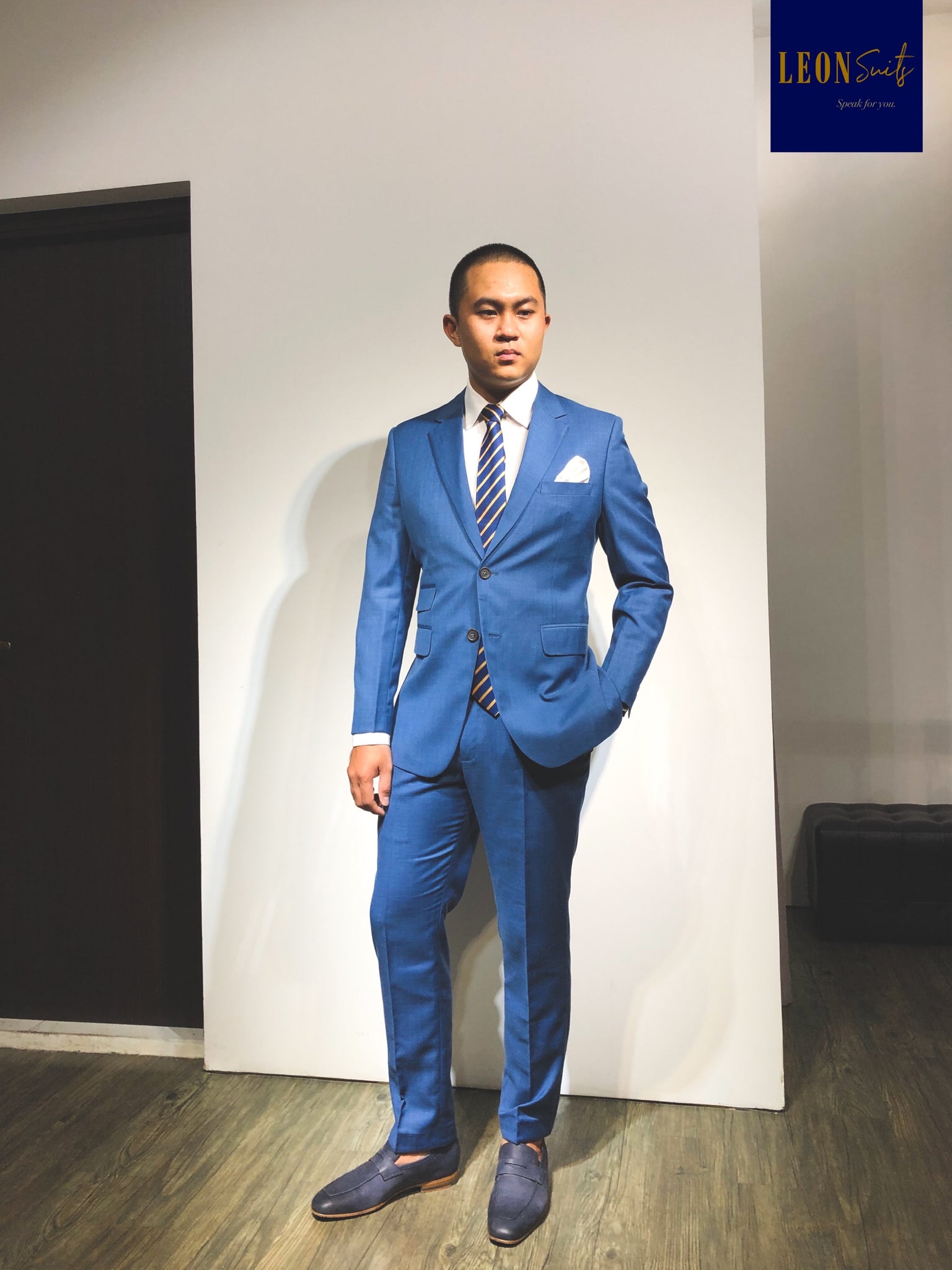 Custom Made Medium Light Blue Suit w/ Ticket Pocket