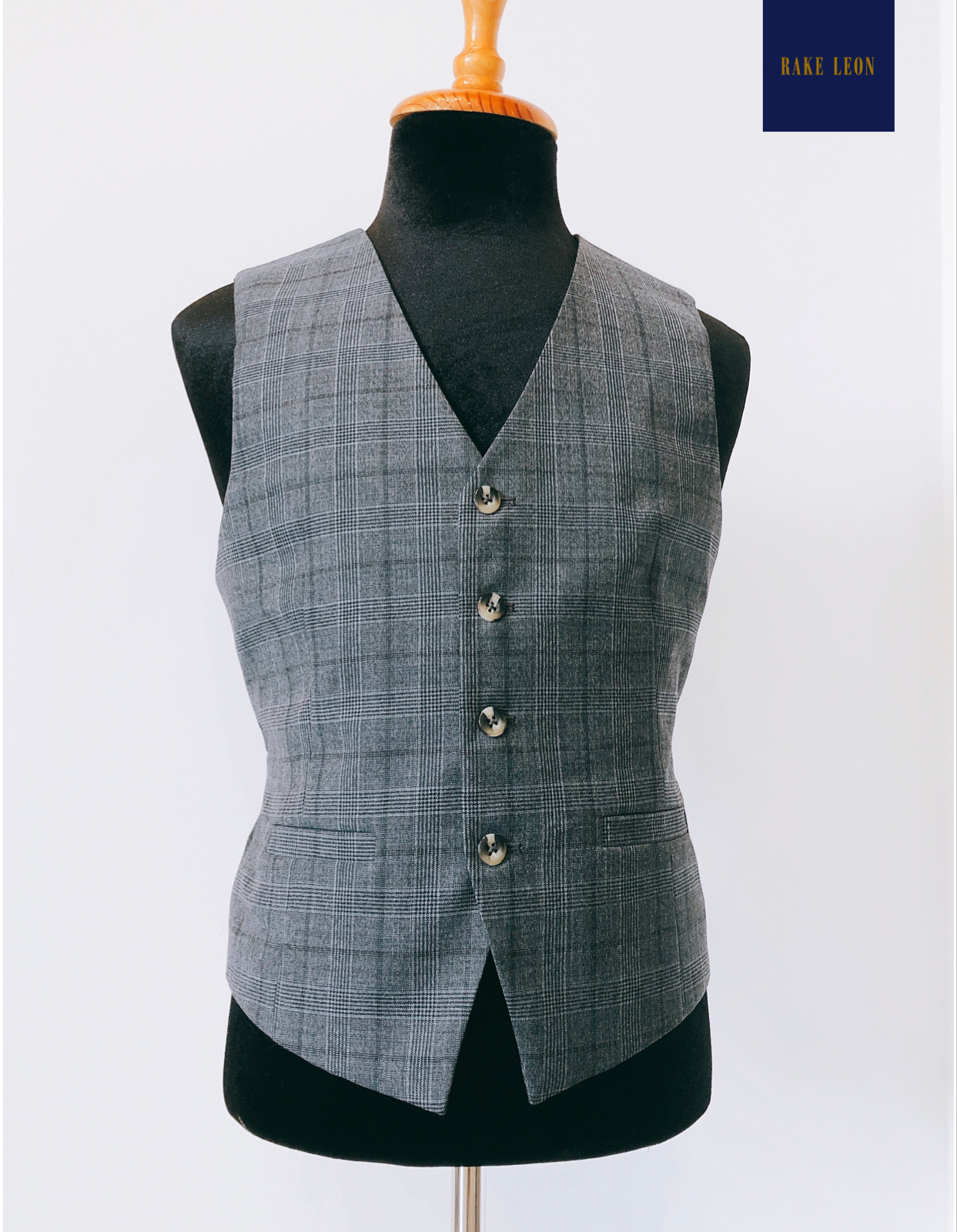 RAKE LEON 3-Piece Plaid Grey Prince of Wales Suit