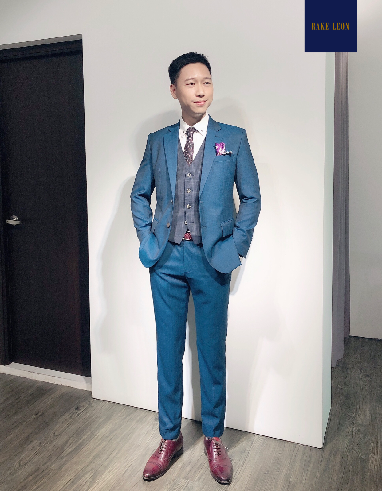 RAKE LEON Brilliant Blue Suit with Plaid Navy Gilet/Waistcoat