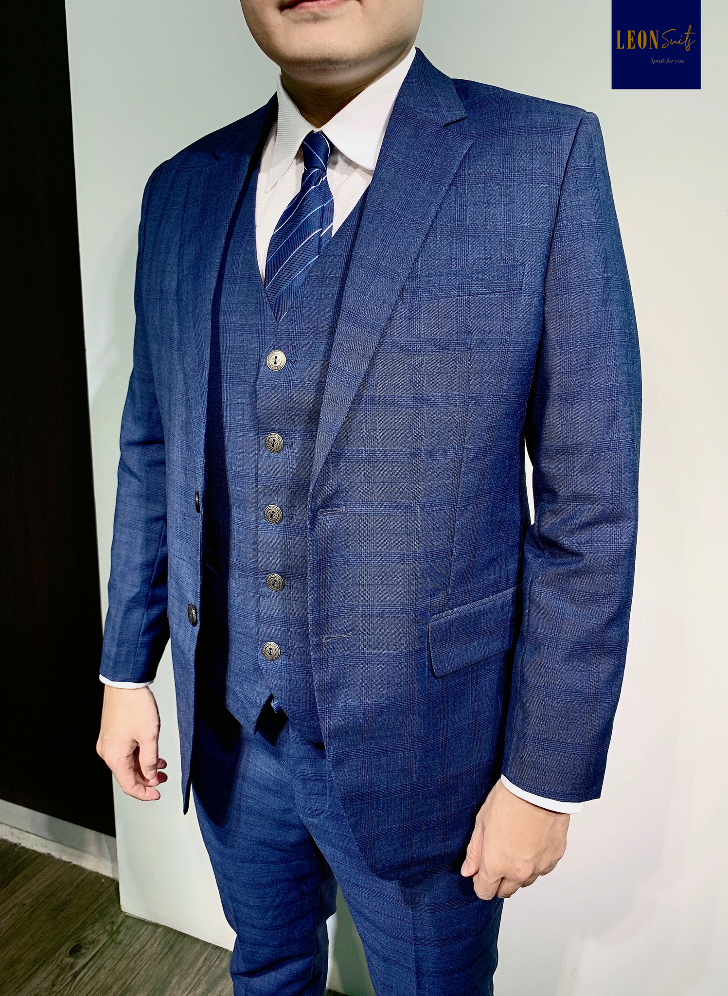 RAKE LEON Prince of Wales Patterned Blue Three Piece Suit