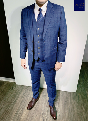 RAKE LEON Prince of Wales Patterned Blue Three Piece Suit