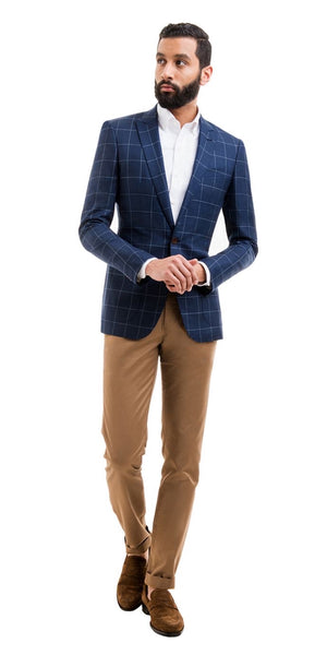 Standard Custom Made Windowpane Navy Jacket + Beige Trousers