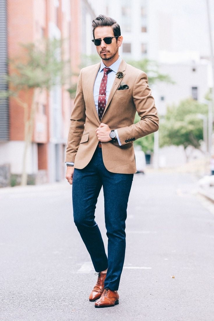 Custom Made Beige Suit Jacket + Navy Trousers