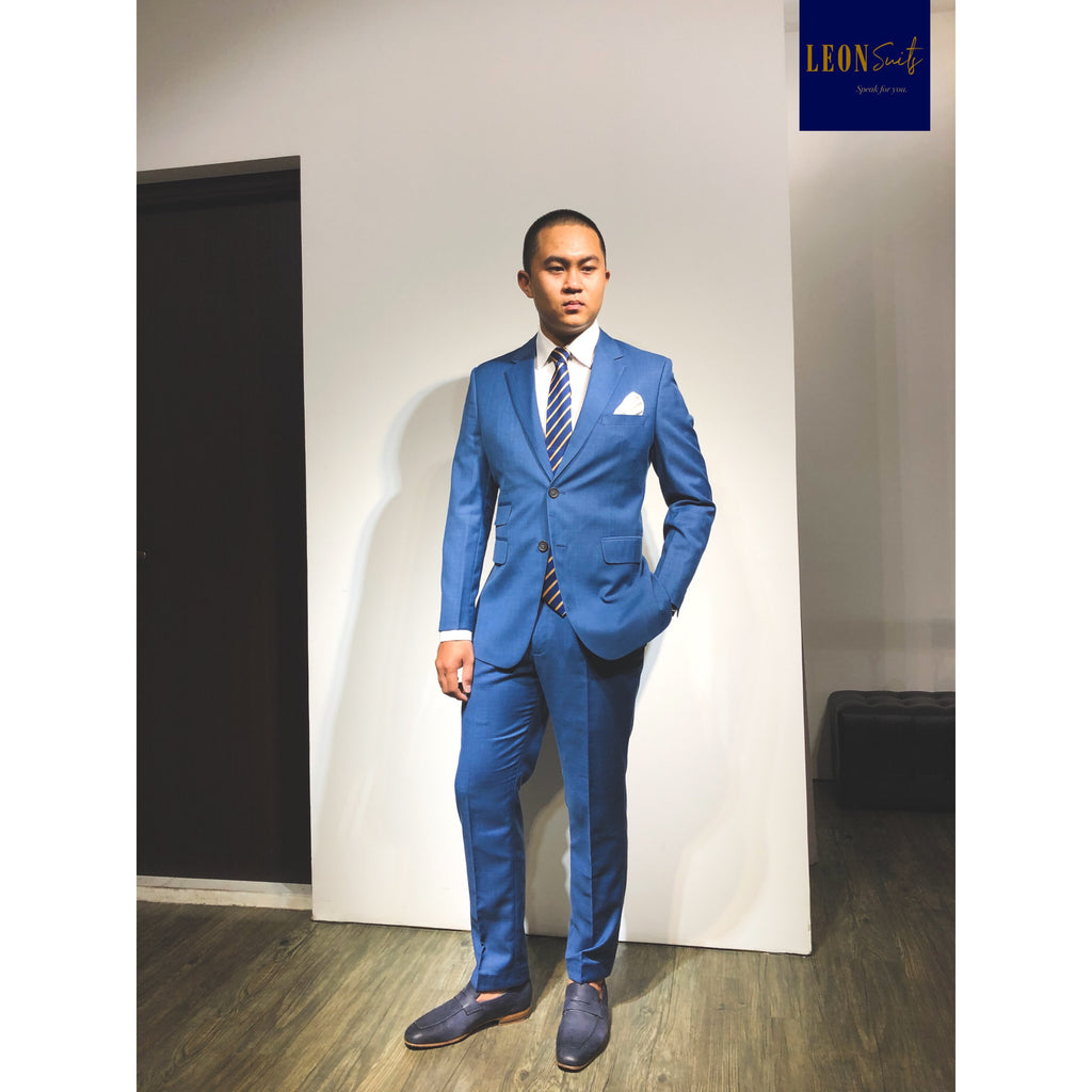 Custom Made Medium Light Blue Suit w/ Ticket Pocket