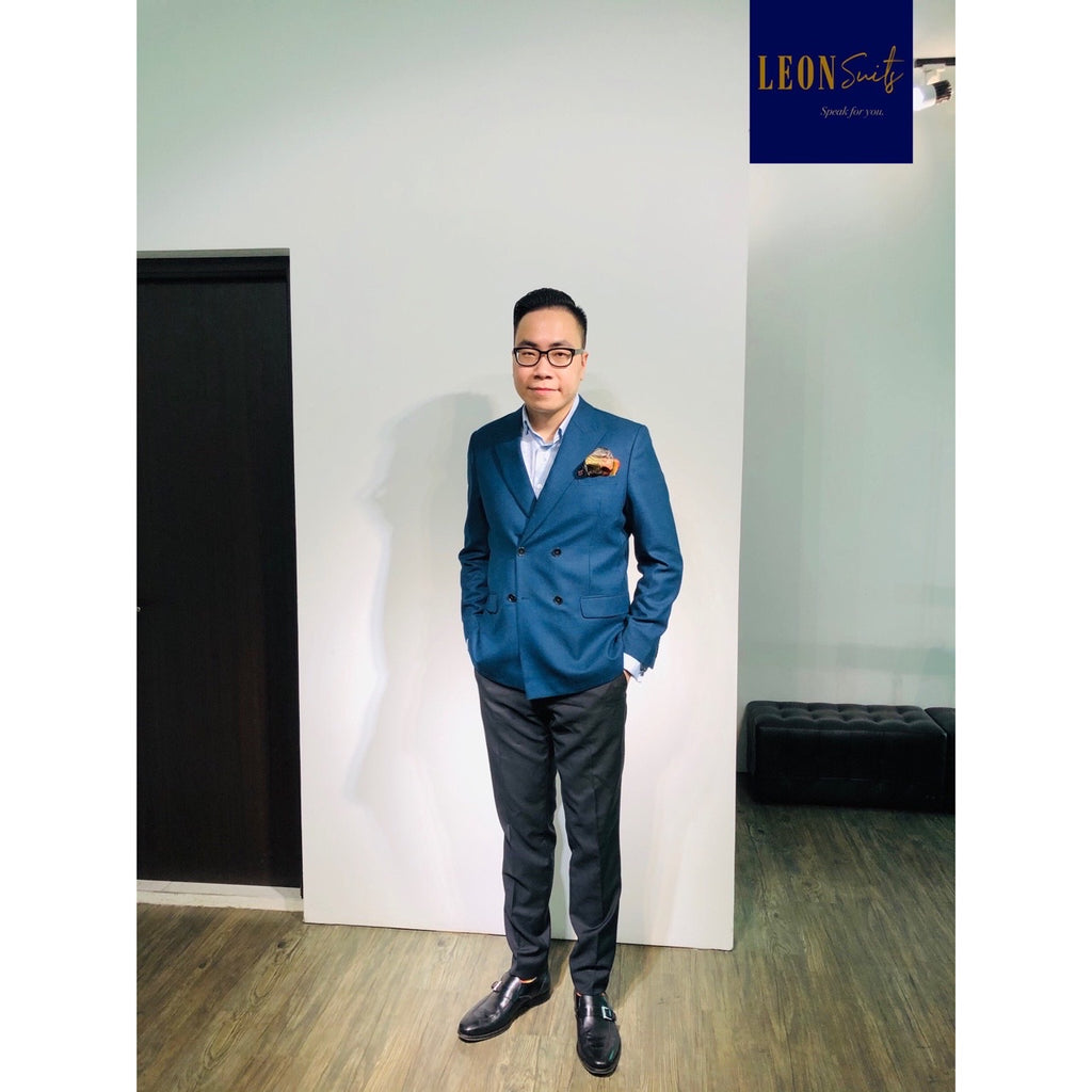 Navy Honeycomb Texture Double-breasted Blazer