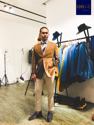 Brown Suit Jacket with White Beige Trousers