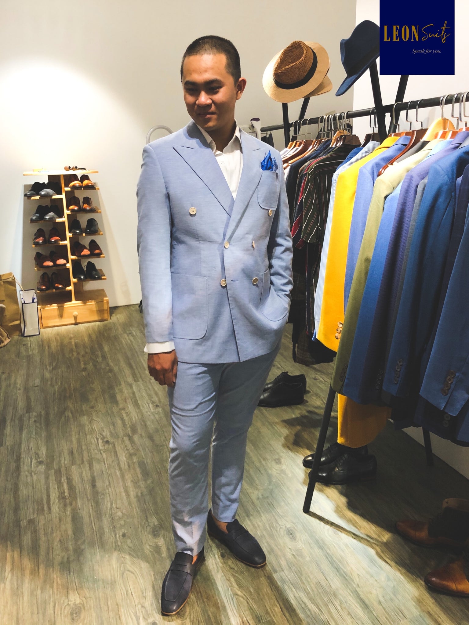 Light Blue Linen Cotton Half-Lining Double-breasted Suit