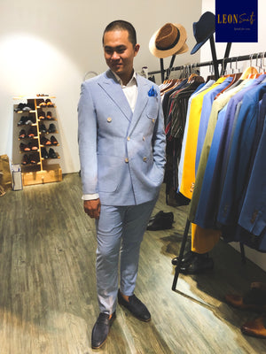 Light Blue Linen Cotton Half-Lining Double-breasted Suit