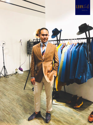 Brown Suit Jacket with White Beige Trousers