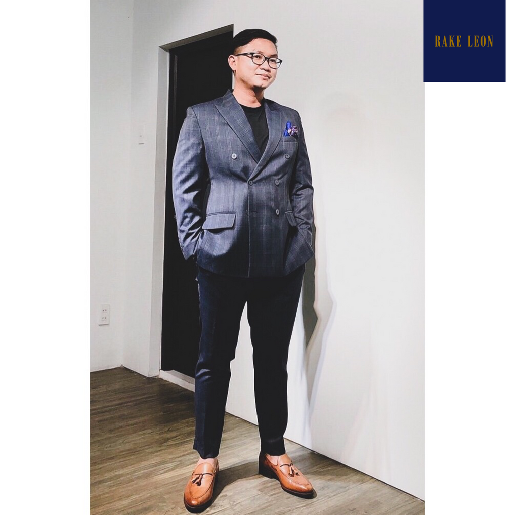 Rake Leon PREMIUM Oil/Water Repellent Navy Plaid/Windowpane Double-breasted Suit