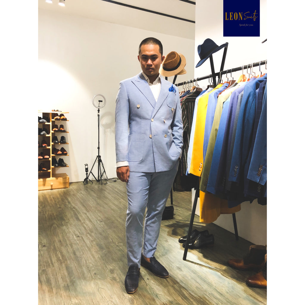 Light Blue Linen Cotton Half-Lining Double-breasted Suit