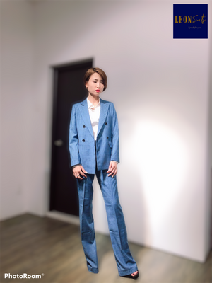Blue Prince of Wales Double-breasted Suit with Large Straight Trousers